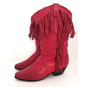 VTG 80s Dingo Red Leather Fringed Western Cowgirl Boots 9M